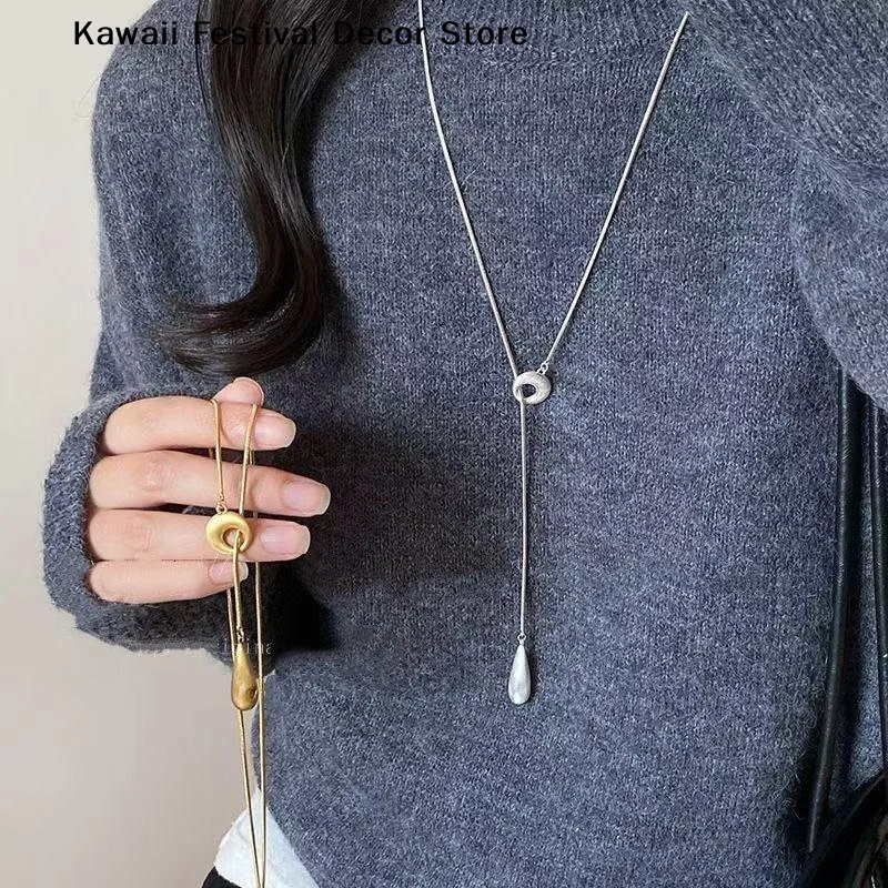 【K】Simple Water Droplet Pendant Necklace For Women Fashion Irregular Metal Smooth Long Y-Shaped Necklace Sweater Chain Jewelry