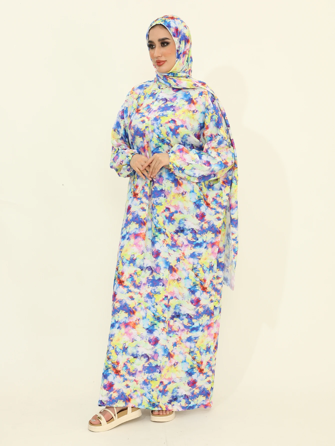 Autumn New Muslim Fashion Abaya Dresses with Hijab One Piece Prayer Dresses Flower Printed Pretty Dubai Abayas