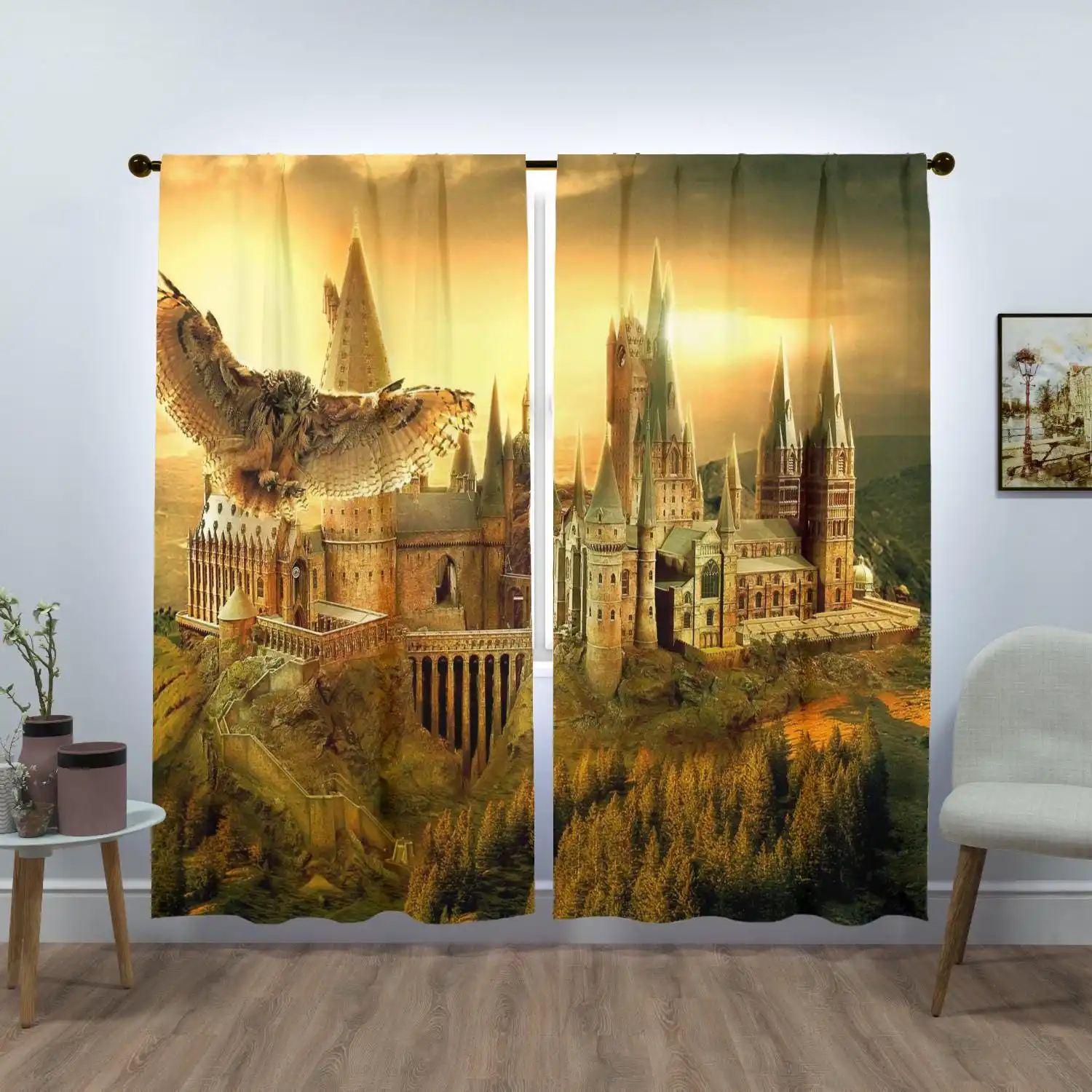 Epic Fantasy Castle Sunrise Window Curtain Yellow Forest Gothic Architecture Home Decor Curtain Panel
