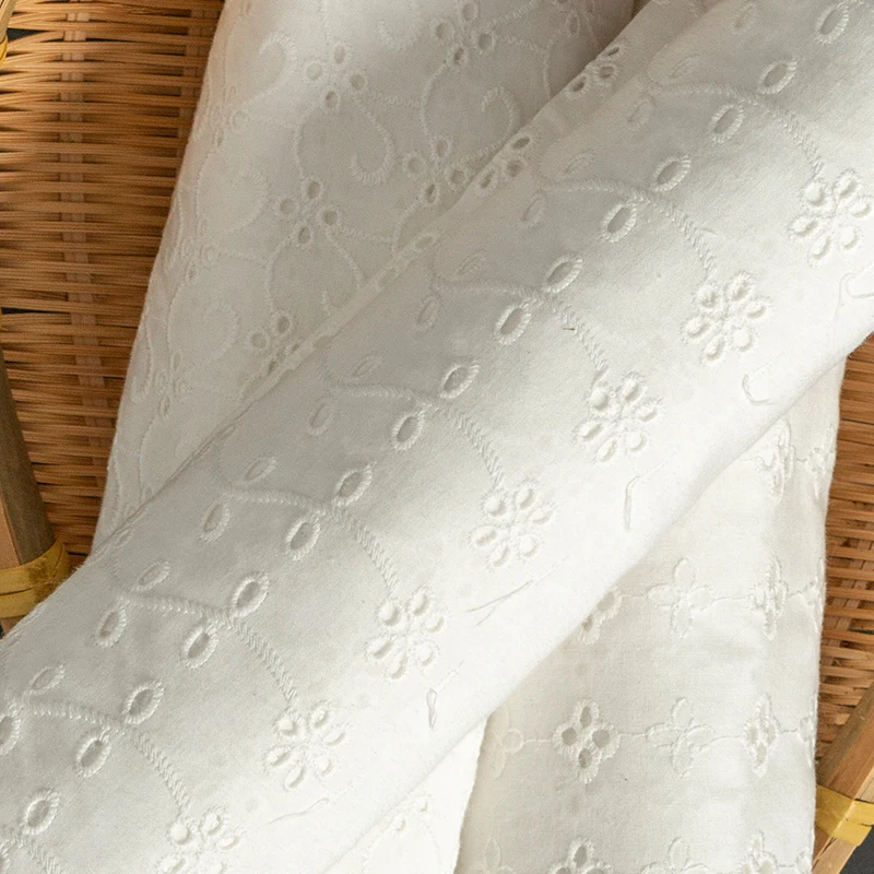 Pure Cotton Embroidered Lace Fabric Hollow Out Soft By The Meter for Wedding Dress Shirt Sewing Guipure 3D Flower Cloth White