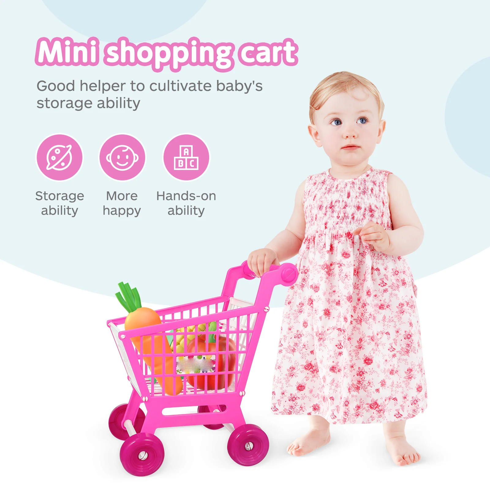 

Kids Shopping Cart Pink Realistic Trolley Smooth Handle Easy Grip Color Matching Gift for Childrens Pretend Play