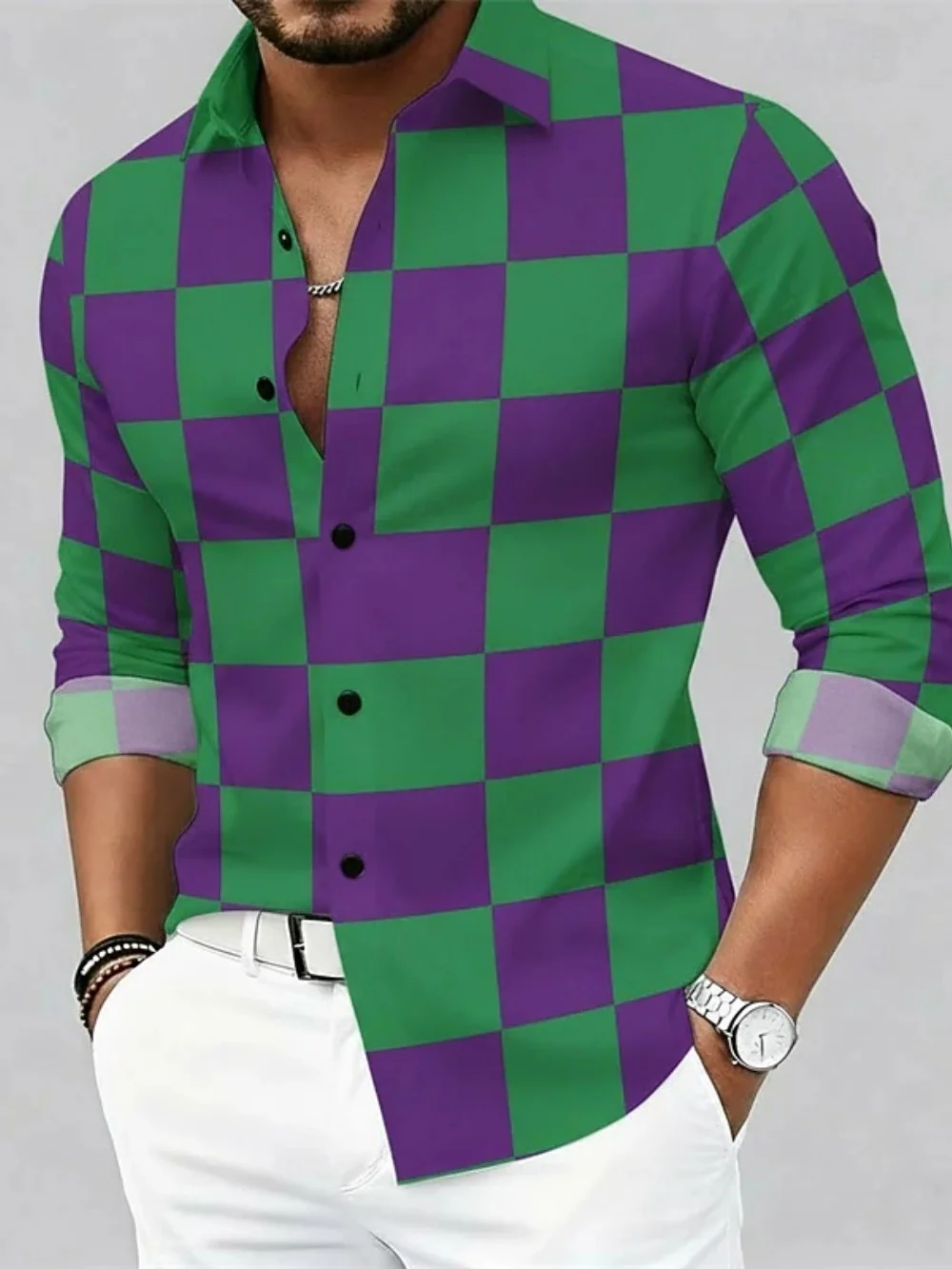 Men's Plus Size Long Sleeve Lapel Button Up Shirt High-Definition Checkered Print Stylish Comfortable Top 2026