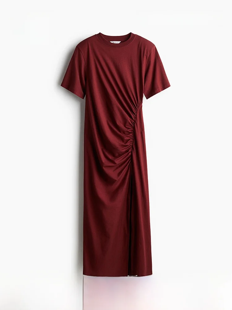 

Elegant Summer Women's Dress with Shoulder Pads Casual High Waist Long Sleeve T-Shirt Style Split Skirt H&M 1290455