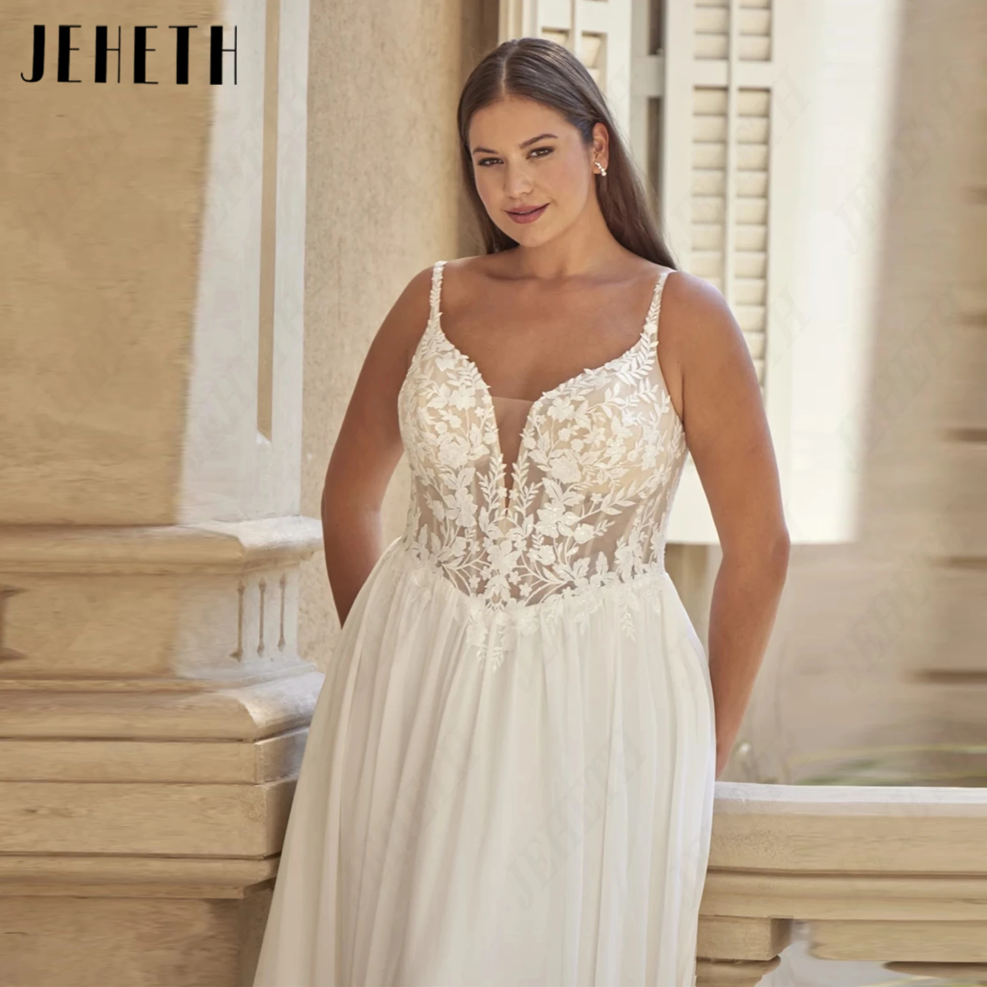 JEHETH Plus Size V Neckline Wedding Dresses Personalized Backless Bridal Gown Spaghetti Straps A-line Bride Gowns Chiffon Boho
