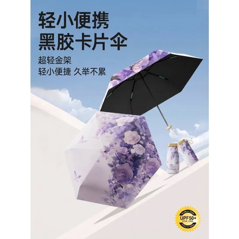 Large Black Coated Folding Umbrella  UV Sun Protection Parasol, Lightweight Compact Rain Sun Two-Way, Travel Essential