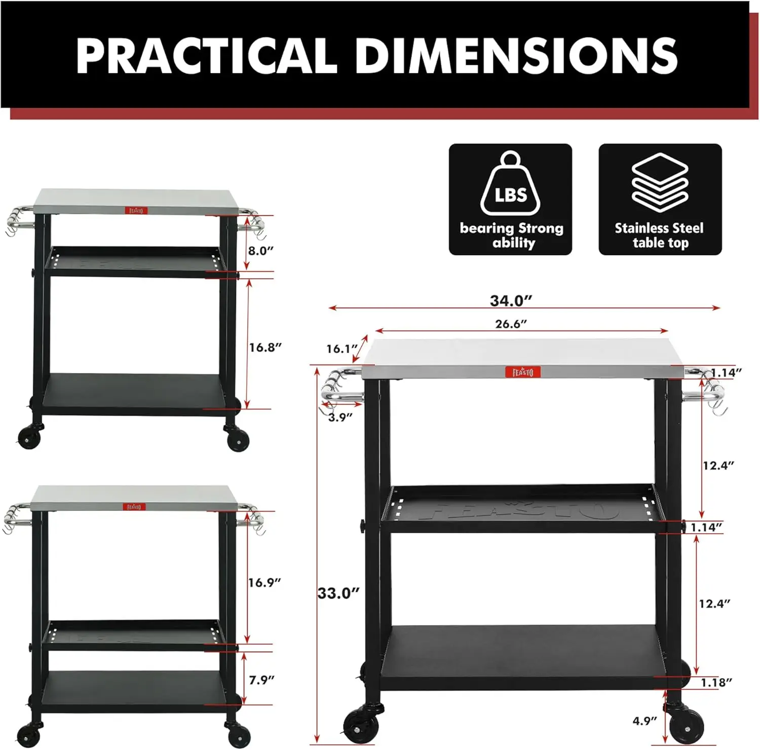 Oven Stand with Adjustable Shelf, Movable Pizza Oven Table Grill Cart,Grill Table for Outside,Outdoor Bar Cart with Wheels,Stain