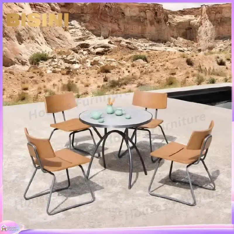 Modern Industrial Stainless Steel Oval Dining Table and Chairs Set Outdoor Garden Furniture Eco Friendly Durable Patio Table