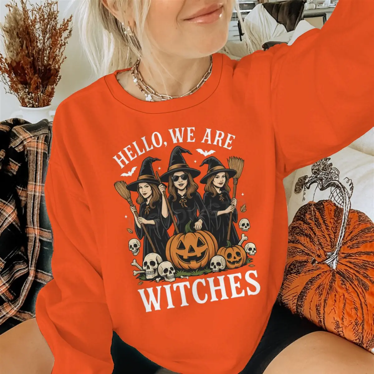 Hello We Are Witches Sweatshirt Women Halloween Witch Broom Pumpkin Skull Graphic Crewneck Long Sleeve Polyester Pullover Top