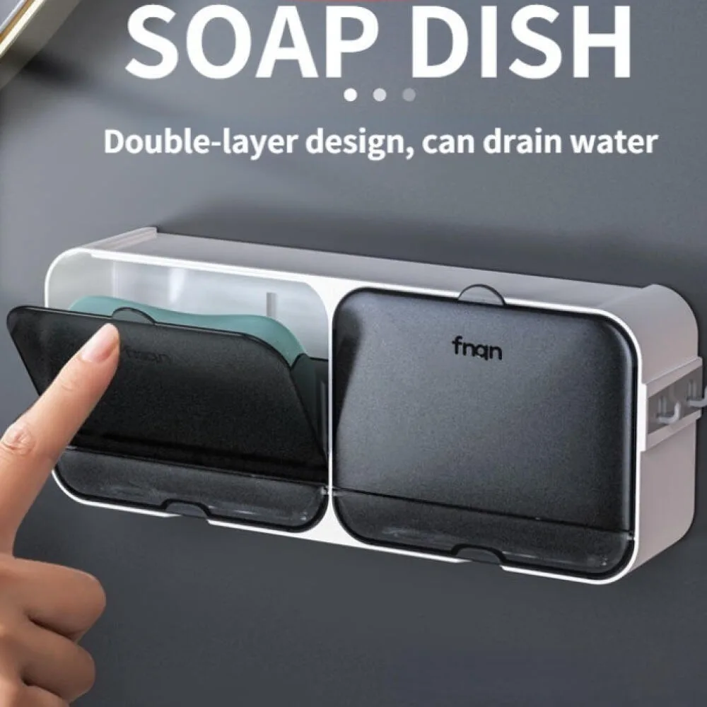 Wall Mounted Punch-Free Flip Lid Soap Storage Holder, Single Compartment Drain Design, For Bathroom Shower Laundry Room Home Use