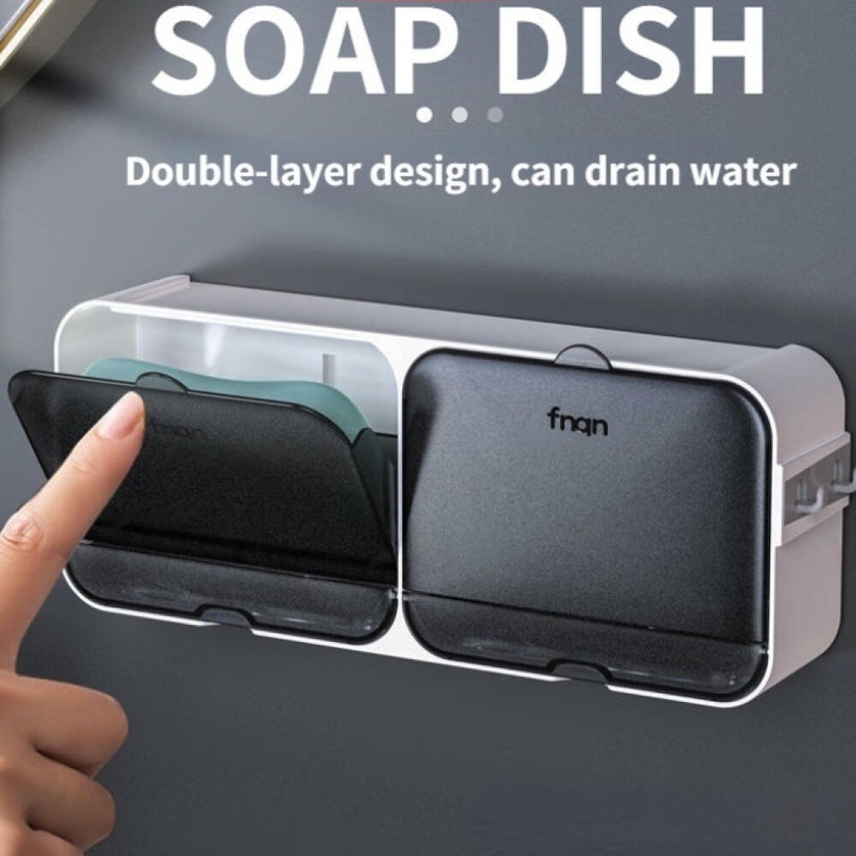  Wall Mounted Punch-Free Flip Lid Soap Storage Holder, Single Compartment Drain Design, For Bathroom Shower Laundry Room Home Use 