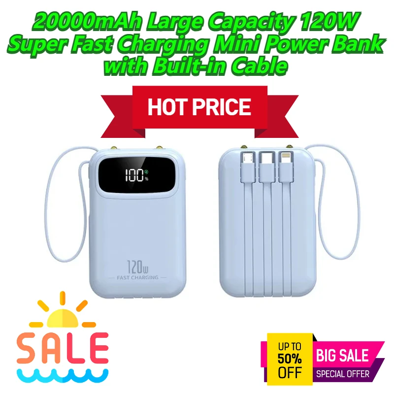 

20000mAh Large Capacity 120W Super Fast Charging Mini Power Bank with Built-in Cable