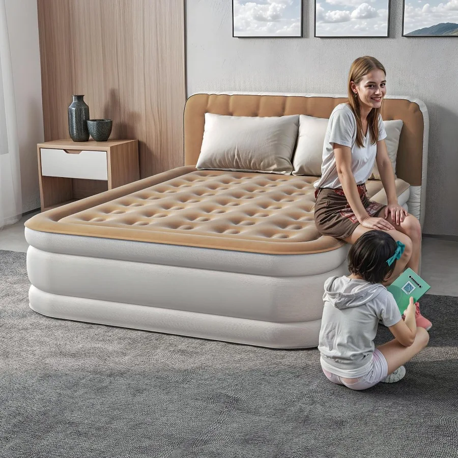 Uforic Queen Air Mattress with Pump and Integrated Headboard 18in Flocked Top Inflatable Bed Brown AirBed  Home & Guest Comfort