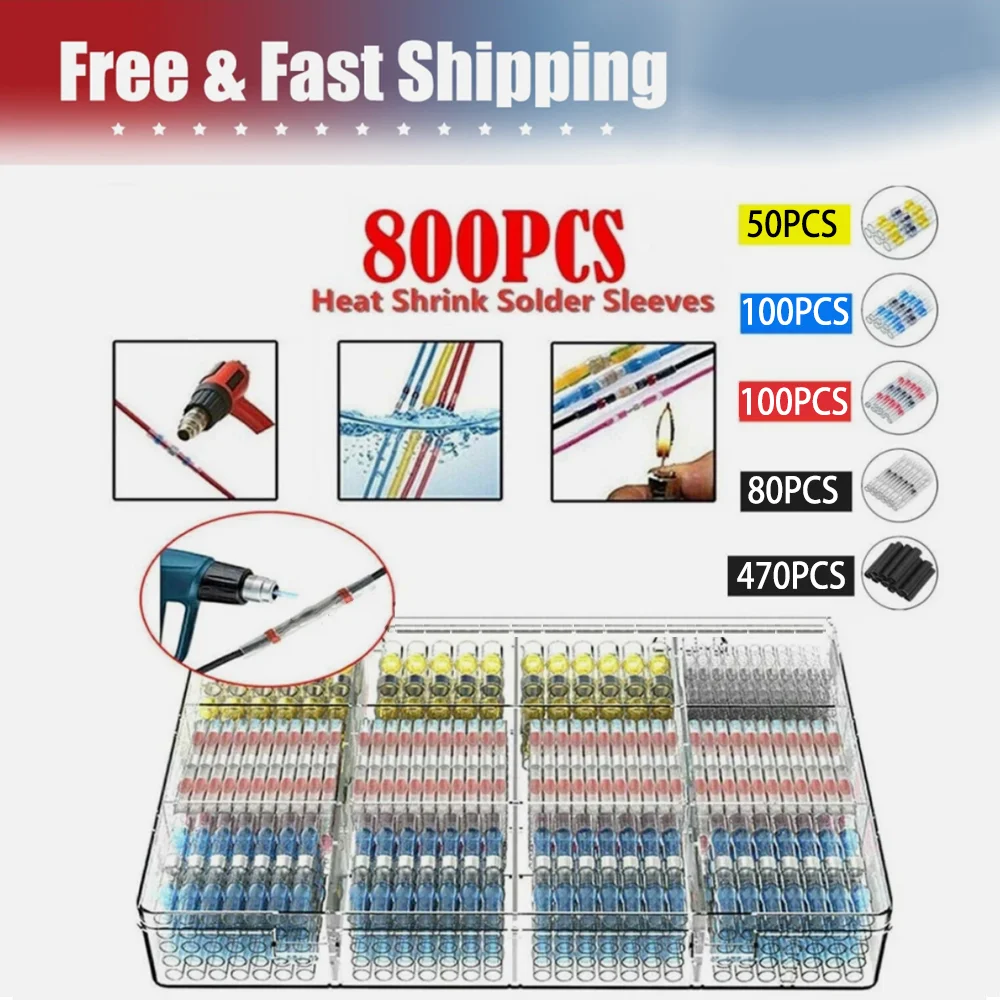800Pcs heat shrinkable butt crimp terminal waterproof welding sealed electrical butt connector wire and cable joint terminal kit