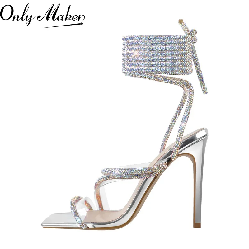 Onlymaker Women Rhinestone Summer Sandals Crystal Lace-Up Stiletto Multicolor Square Toe Cross Strap Thin High Heel Sandals