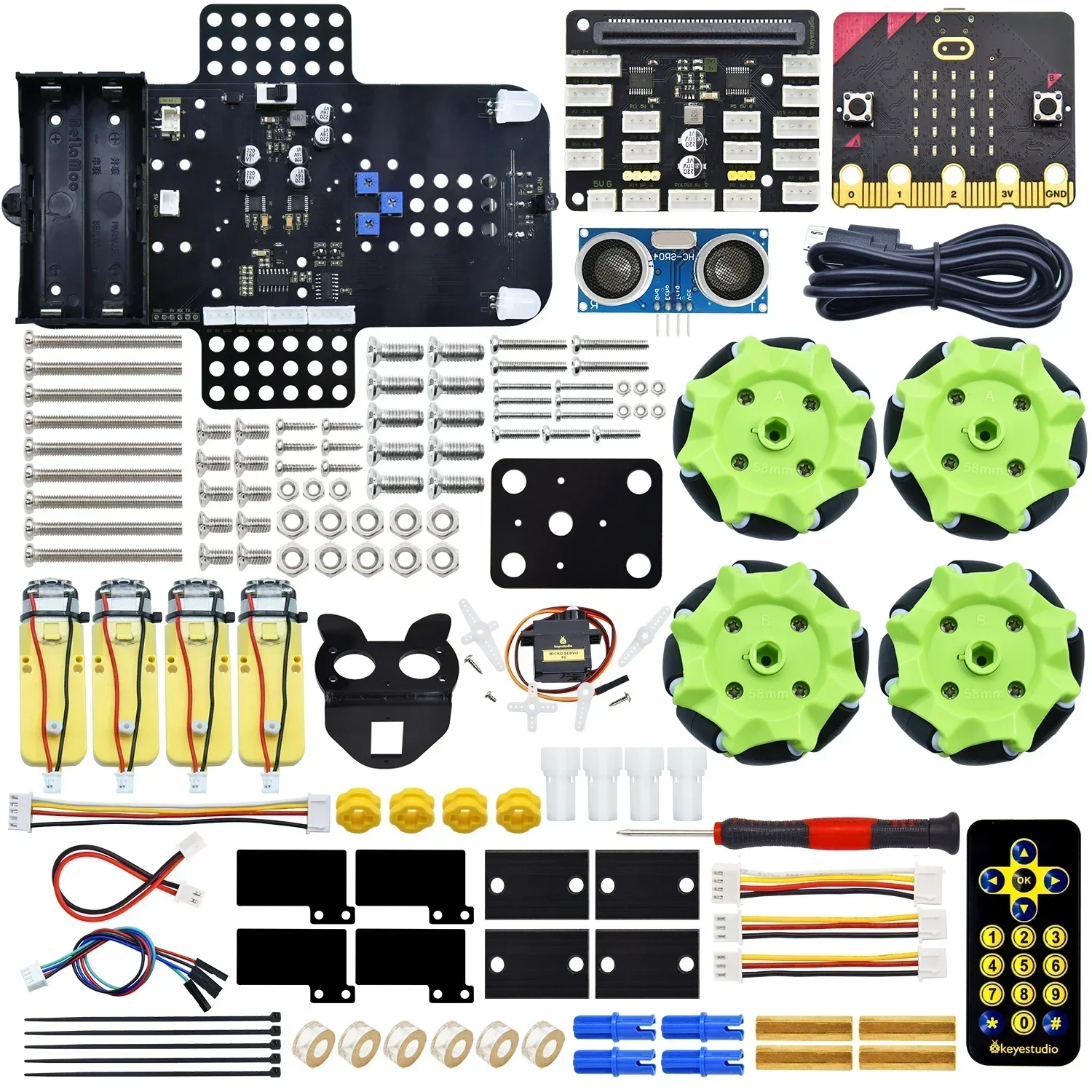 Keyestudio 4WD Mecanum Robot Car Kit Micro:bit V2 STEM Toy con codificación de pitón, Control remoto, funciones inteligentes para educación DIY