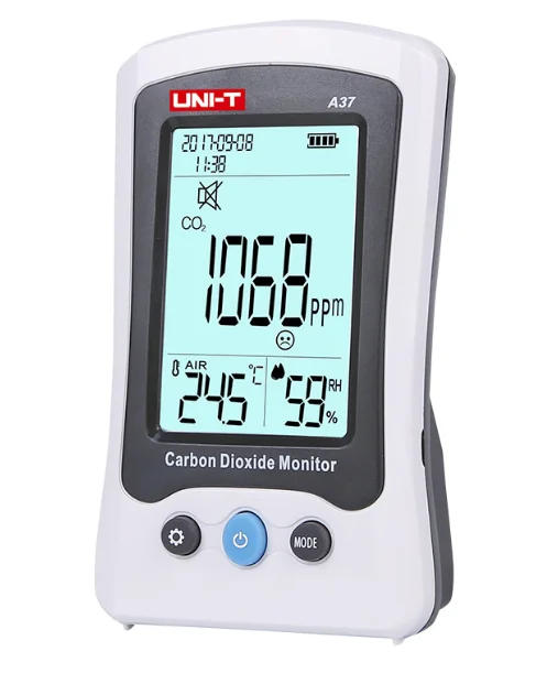 

Uni-t A37 CO2 Meter Fo LCD Displays CO2 Concentration Temperature Humidity and Date Time Air Quality Is Indicated With Emoticons