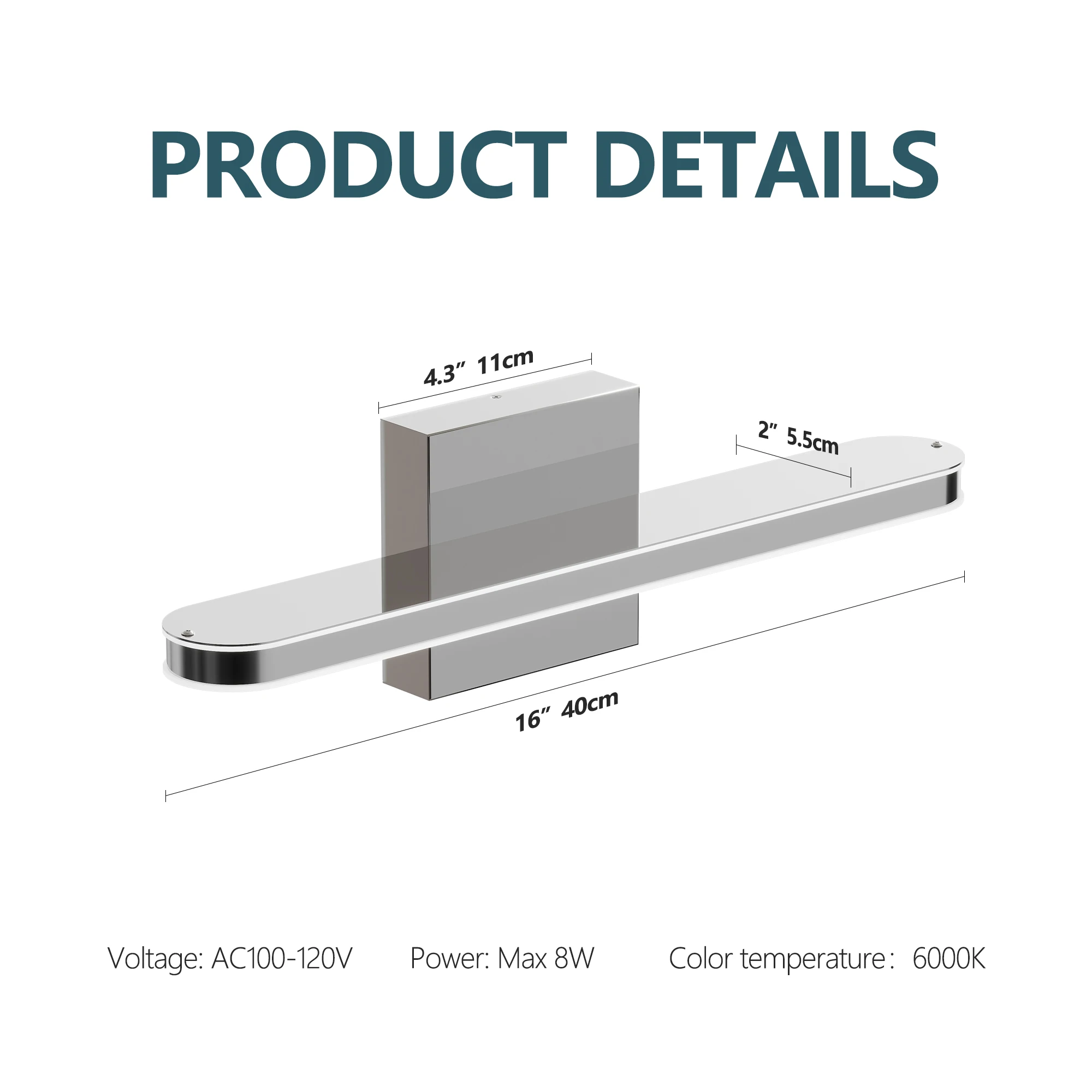 L002015-L400-W1C Modern Style Mirror Front Light, Energy-Saving, Waterproof, Rust-Proof, Electrical Safety Certified, Suitable for Bathroom Vanity, Led Light Source, Dimmable, Simple Design