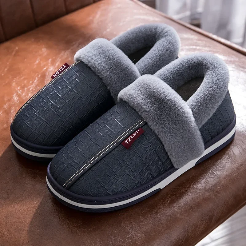 Big Size 50 51 Men Women Slippers Winter Warm Pu Leather Waterproof Slides Home Bedroom Casual Plush Shoes Non Slip Indoor Flats