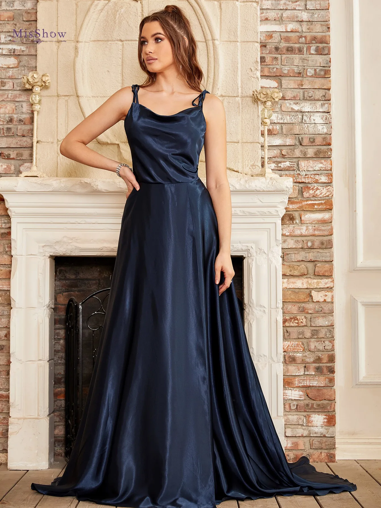 Navy Blue Spaghetti Straps A-Line Side Slit Sleeveless Satin Long Bridesmaid Dresses Women Elegant Formal Prom Party Gowns