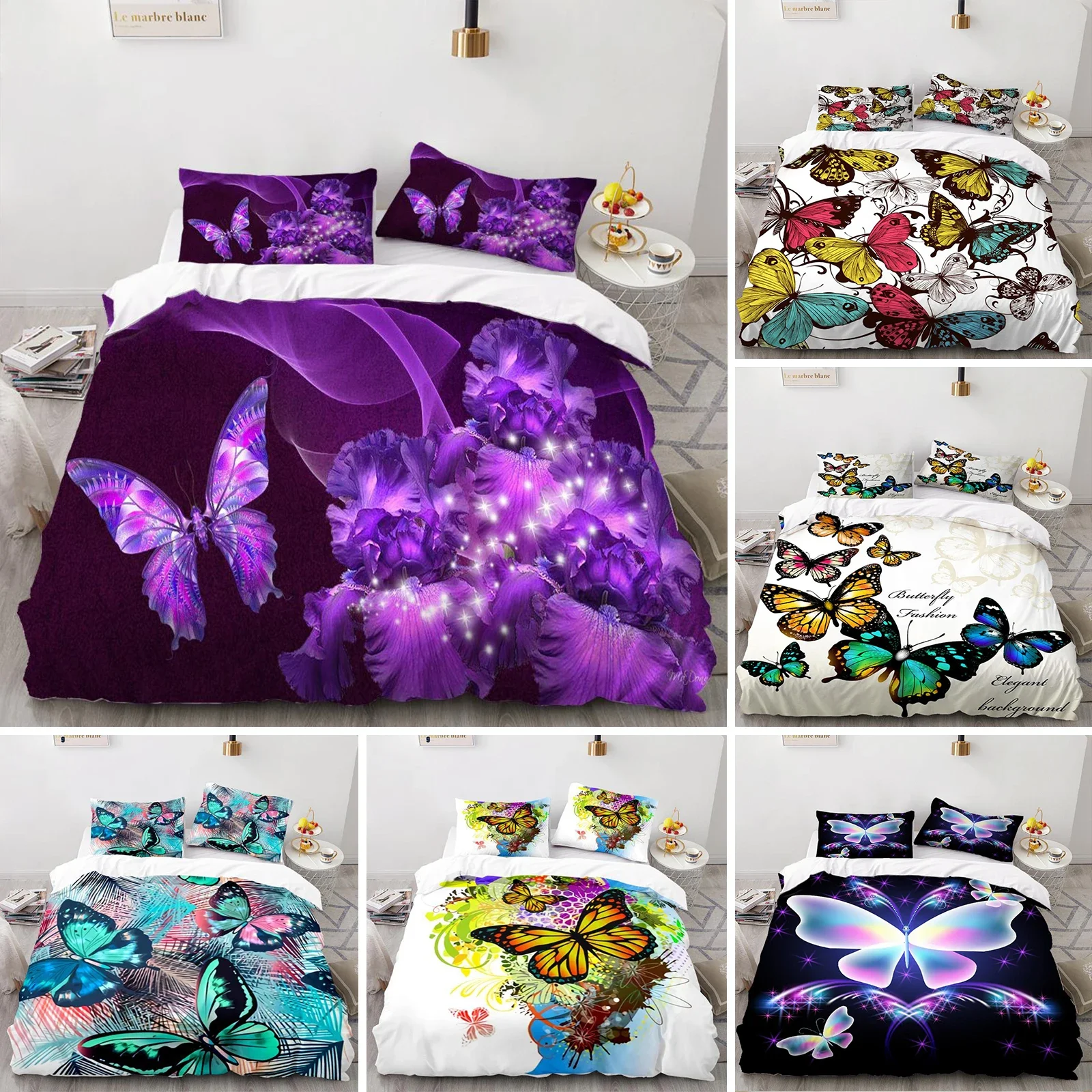 

Butterfly Duvet Cover Set 3D Galaxy Purple Butterfly Floral Printed Bedding Set Fantasy Theme King Size Comforter Cover for Girl