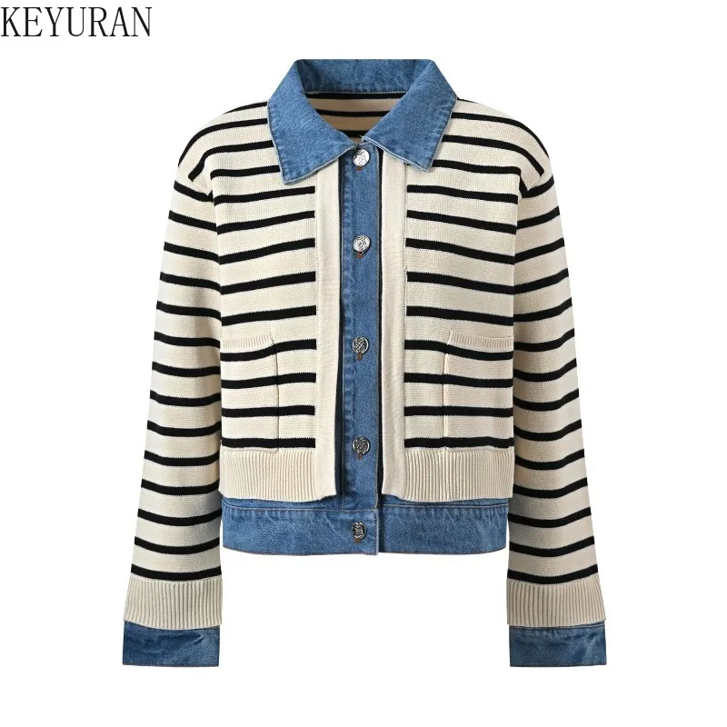 Denim Patchwork Fake Two Pieces Striped Knitted Cardigan Women 2025 Autumn Winter New Korean Fashion Short Sweater Jacket Tops