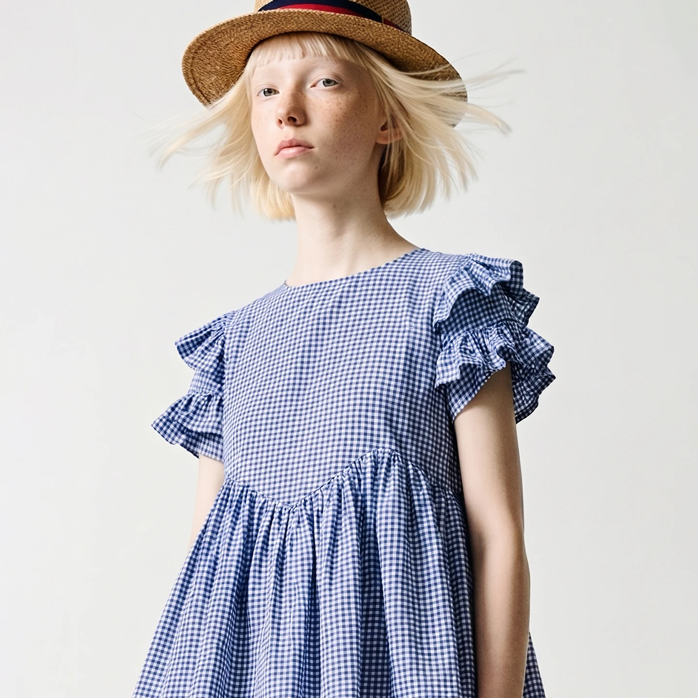 imakokoni original summer art blue and white grid shirt women's mesh splicing doll shirt ruffle edge short sleeved top 265507