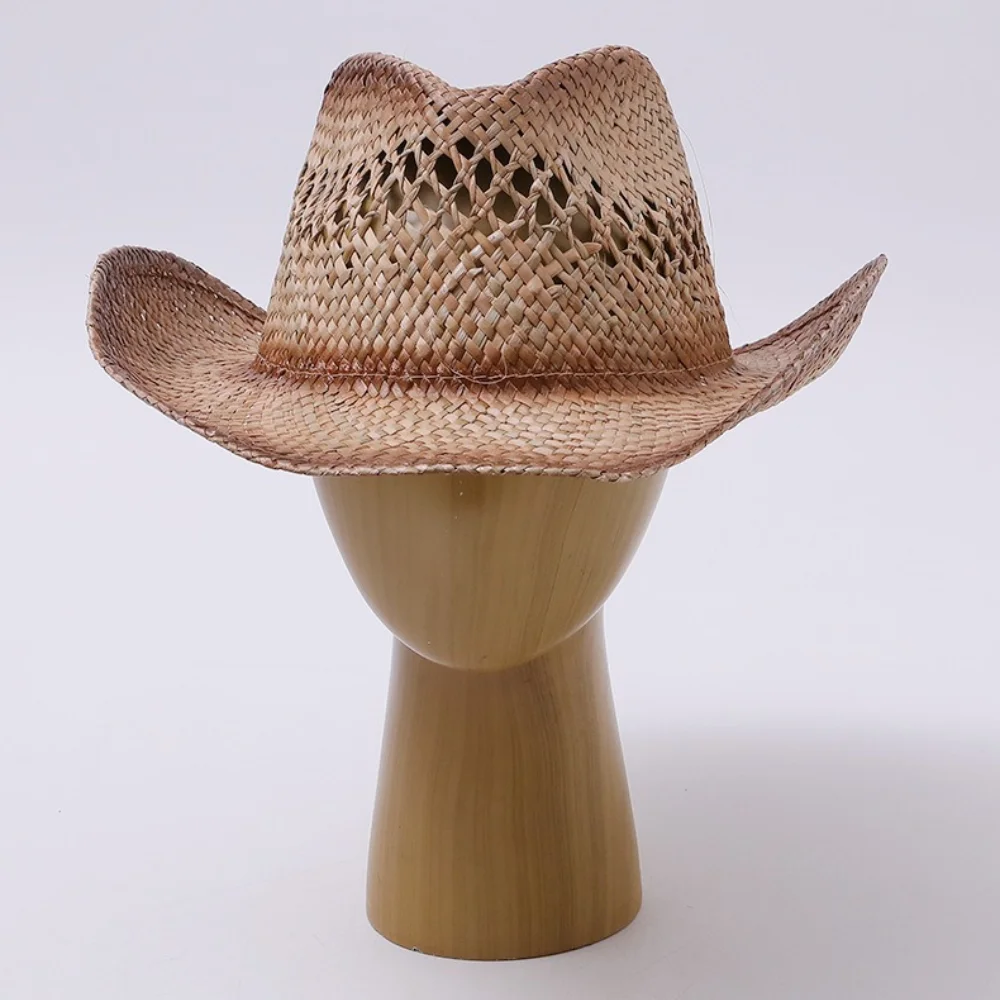 Vintage Gradient Hollow Weave Straw Cowboy Hat Wide Curved Brim Western Sun Hat Breathable Lightweight Beach Travel Decoration