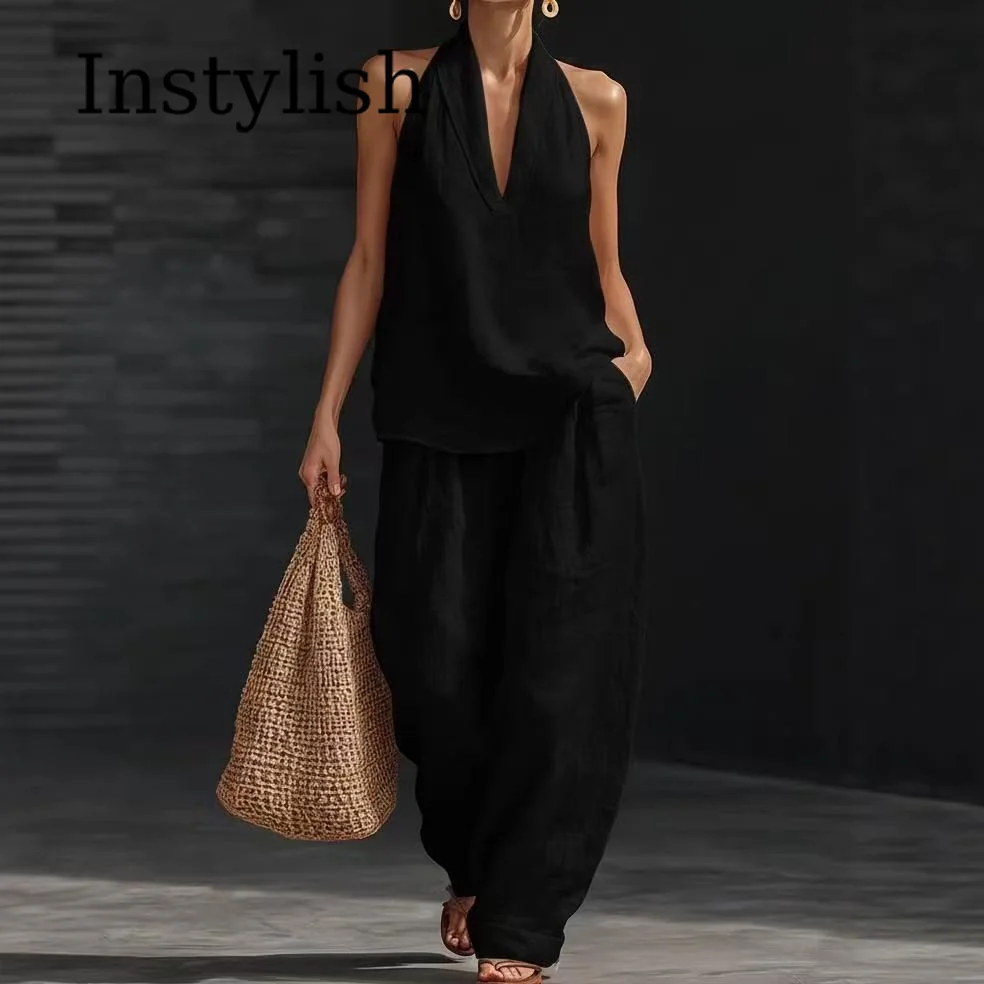 Summer Women's Casual Linen 2-piece Halter Neck V-neck Commuter Women's Sleeveless Top Wide-leg Casual Beach Vacation Pants Suit