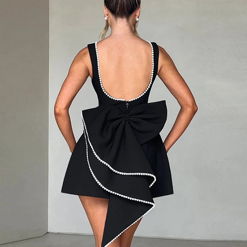 2023 Lente Zomer Boog Decoratie Jurk Vrouwen Cocktail Hollow Backless Solid Mini Jurk Elegante Getailleerde Mouwloze Feestjurk