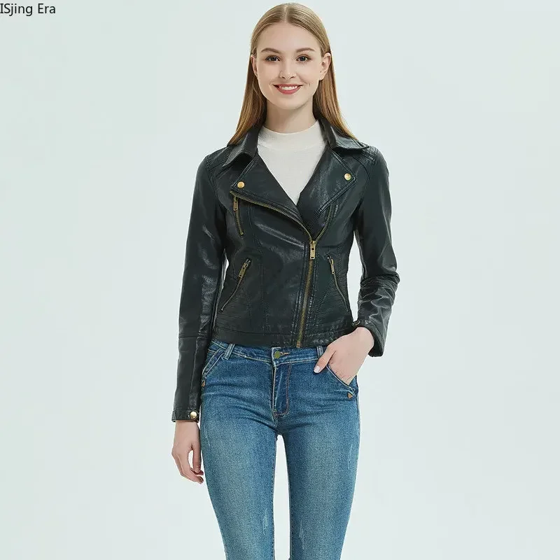 2023 Leather Women Short Fit PU Polo Collar Fashion Small Leather Motorcycle Leather Jacket Q14