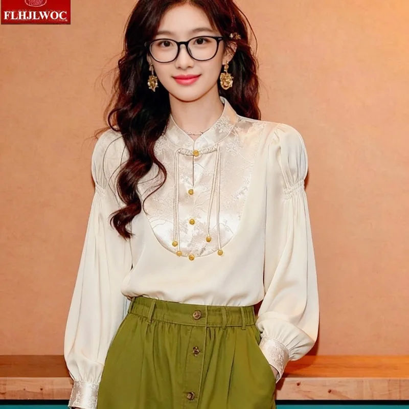 

Женская блузка в китайском стиле с воротником-стойкой, весна 2026, ретро, винтаж, тонкая, удобная, на пуговицах, базовая белая рубашка