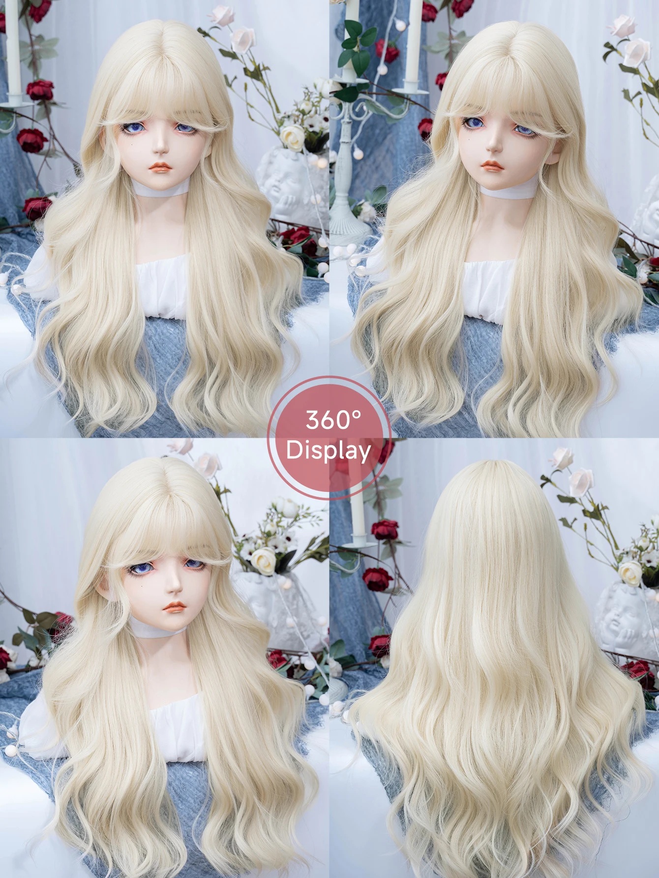 Peruki syntetyczne 28 cali w uroczym stylu, platynowy blond z grzywką, długie, naturalnie falowane włosy dla kobiet, do codziennego użytku i na imprezy, odporne na ciepło.