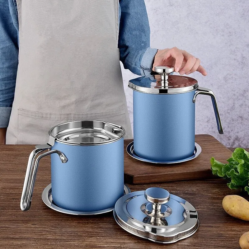 Large Capacity Stainless Steel Oil Filter Pot with Tray Kitchen Lard Grease Strainer Storage Tank Can Container Cooking Utensils