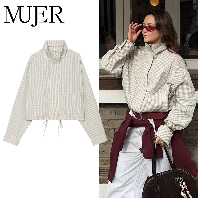 MUJER Plaid Bomber Jacket for Women Loose Cropped Jacket Woman Summer New in Coats and Jackets Women Long Sleeve Overcoat Female