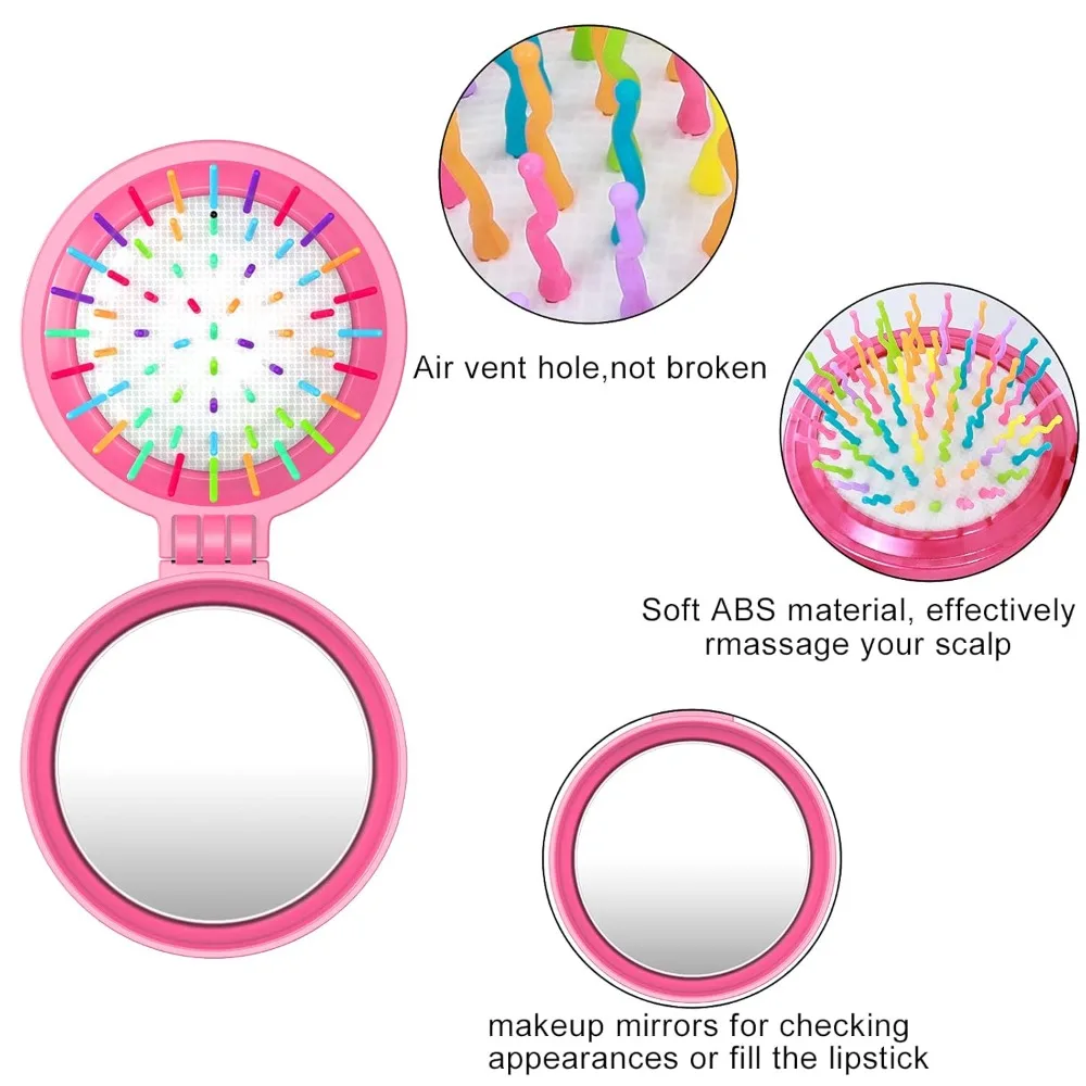 Folding Travel Hair Brush with Mirror Mini Portable Pocket Air Cushion Comb Compact Round Detangling Massage Hair Brush Gift view 3