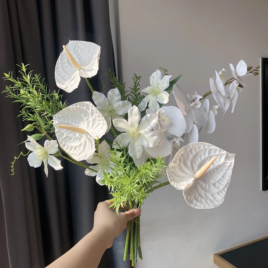 

White-green fresh and natural bouquet simulation bouquet vase flower arrangement soft decoration home furnishings