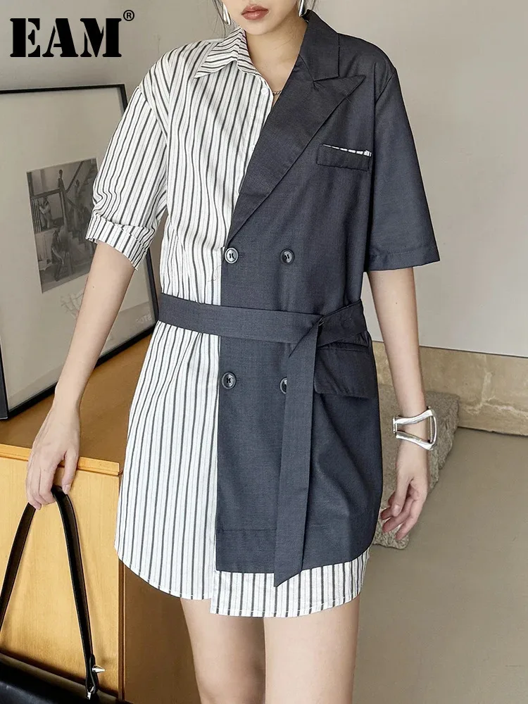 [EAM] Women Gray Striped Belted Big Size Long Blazer New Lapel Short Sleeve Jacket Fashion Tide Spring Summer 2024 1DH5845