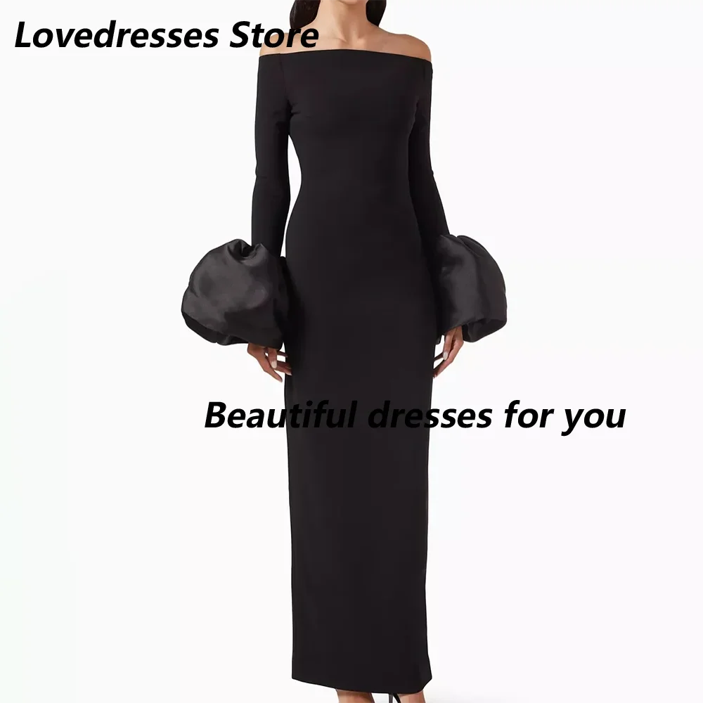 

Simple Evening Dress Black Boat Neck Ankle Length Column Evening Gowns Maxi Long Sleeves Elegant Formal Party Dresses Customized