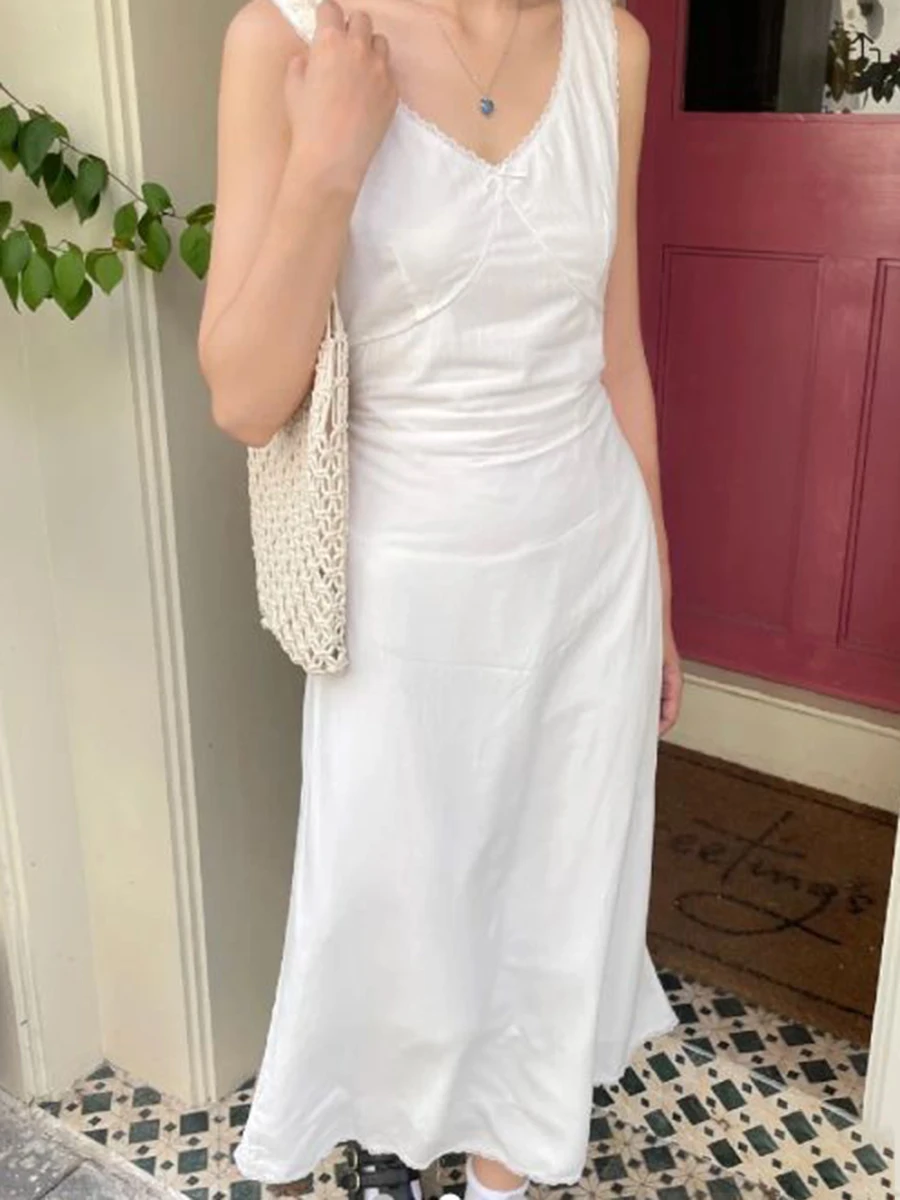 

Sweet White Lace Trim Maxi Dress for Woman V-neck Sleeveless A-line Back Lace-up Long Vestidos Casual Preppy Style Cute Dresses