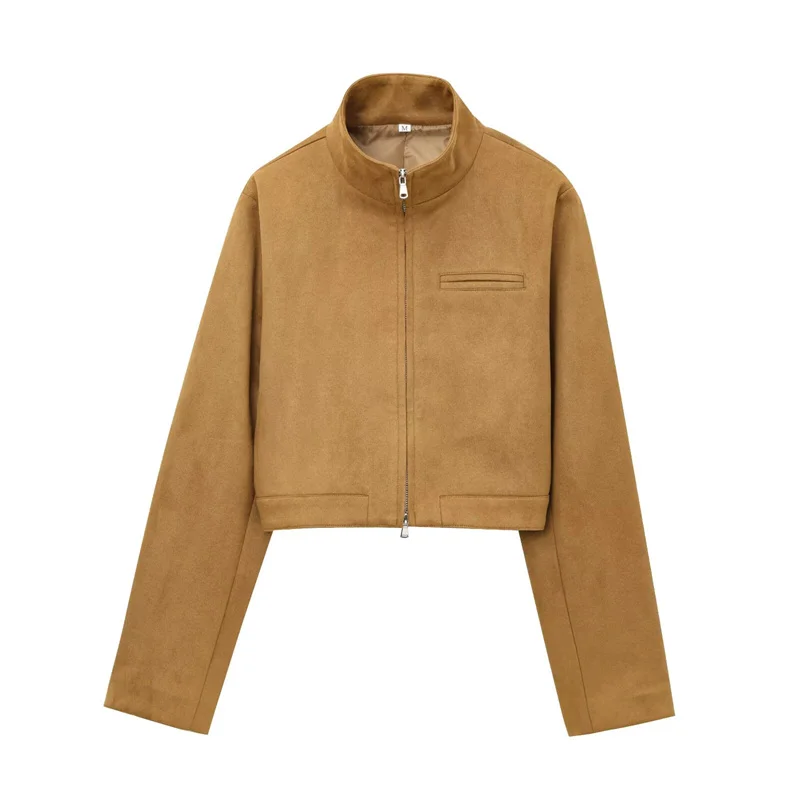 

Women's Jacket New Summer 2025 Camel Long Sleeve Pure Suede Cropped Jacket Casual Fashion Simple Personality
