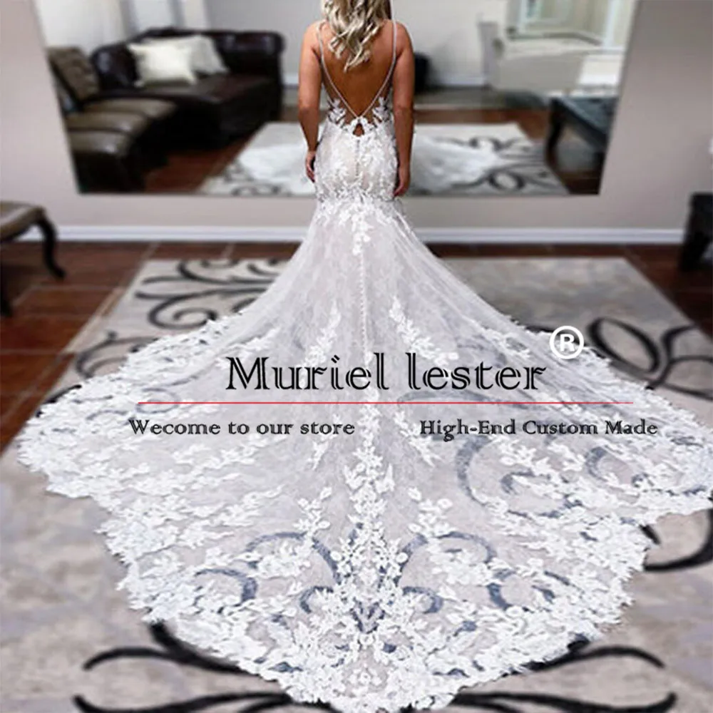 Elegant Trumpet/Mermaid Long Wedding DressV-Neck Floor Length Lace Appliques Spaghetti Straps Bridal Gowns Women Party Clothing