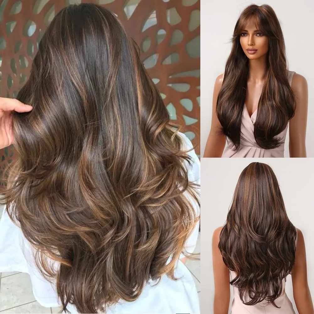 

Long Brown Curly Wigs for Black Women Mixed Red with Bangs Synthetic Wig