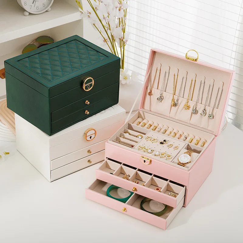 Large 3-Tier Leather Jewelry Box with Lock, Luxury Earring & Ornament Organizer, High-end Jewellery Storage Case for Gift