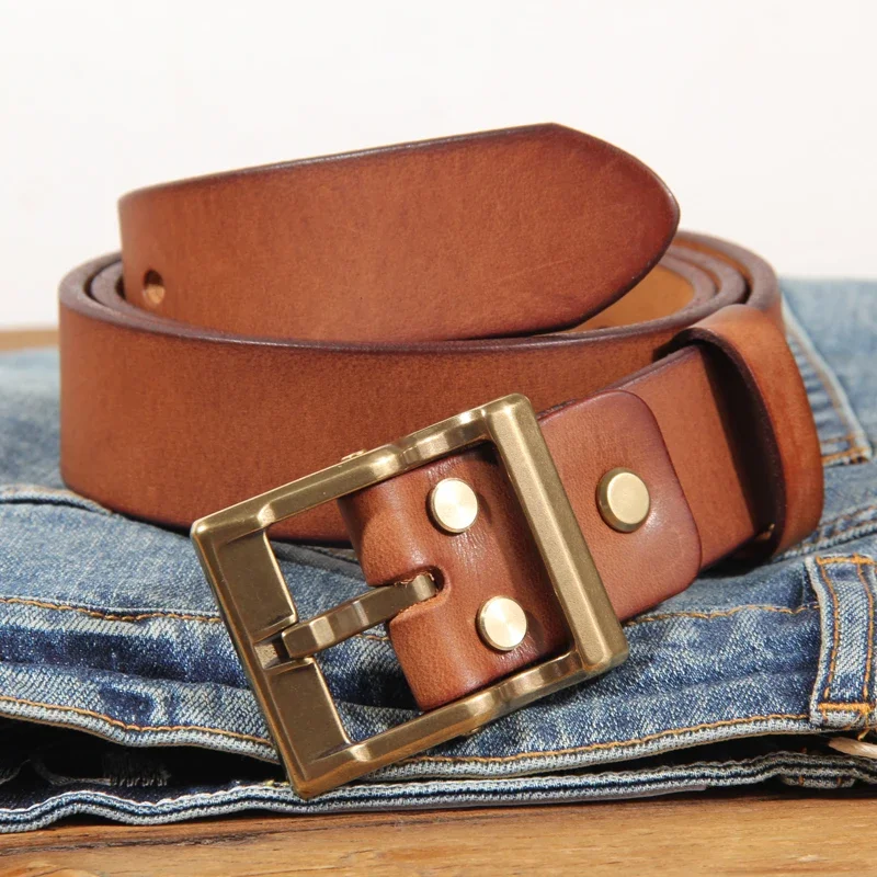 

Retro Heavy Metal Rock Style Brass Pin Buckle Casual Men's Leather Belt Vintage Luxury Handmade Top Layer Cow Jeans Soft Belt