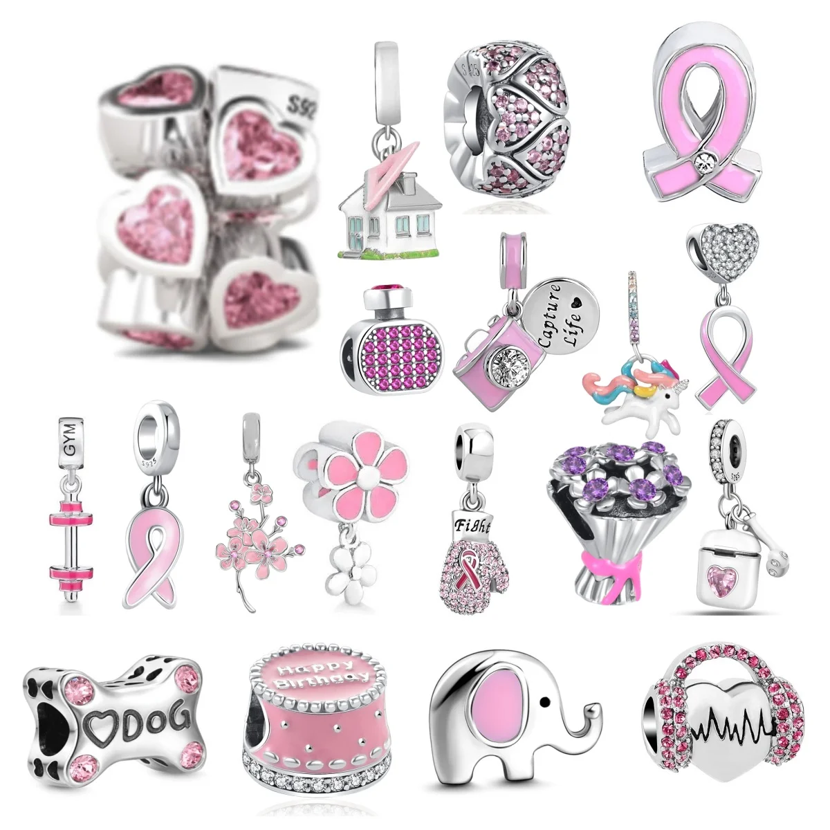 

New Pink Love Flower, Elephant, Bikini 925 Silver Pendant Bead Snake Original Bracelet Necklace DIY Jewelry Women's Gift