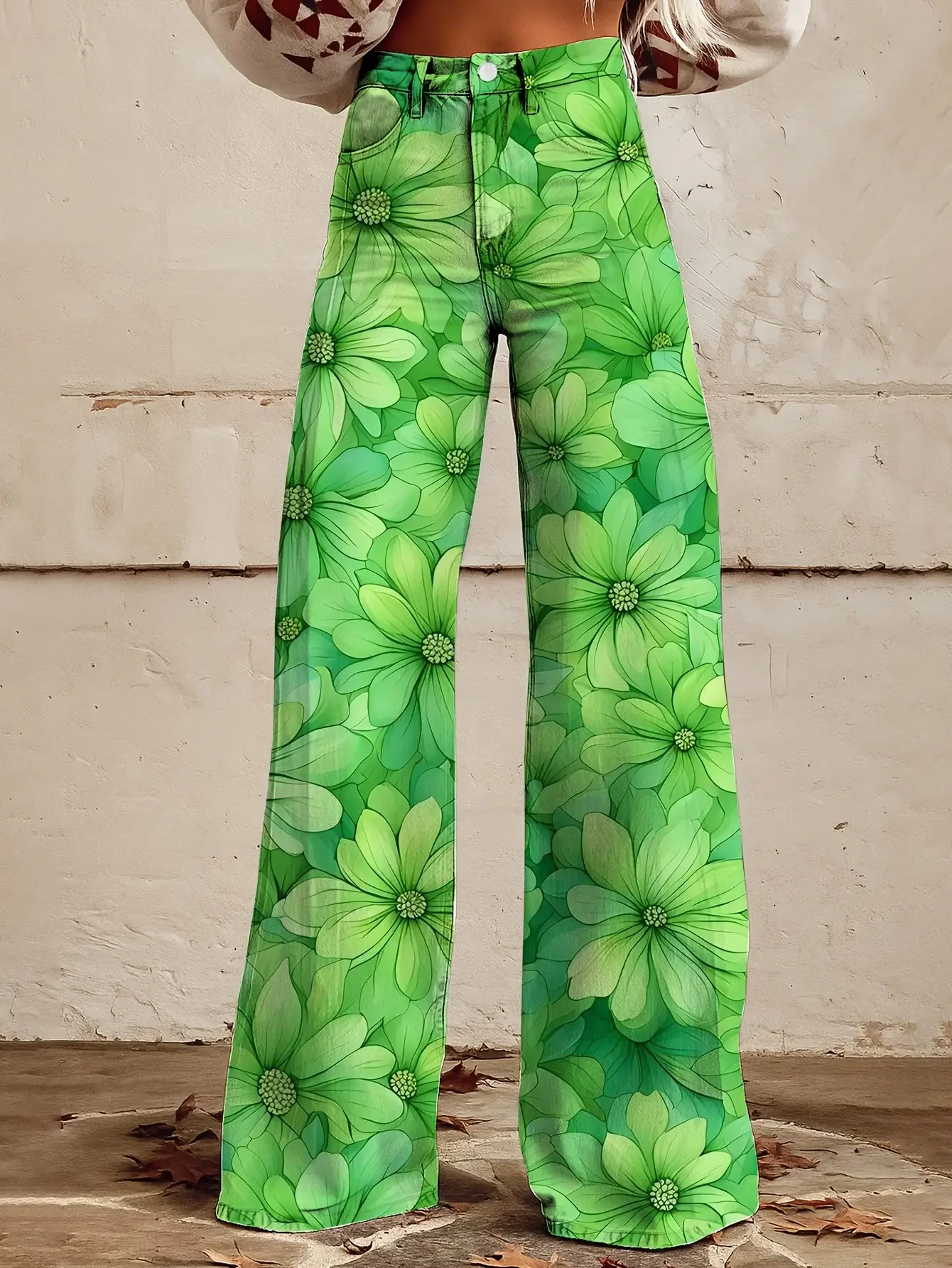 European and American women's pants, retro floral print jeans, wide leg pants, loose and comfortable, slimming imitation jeans