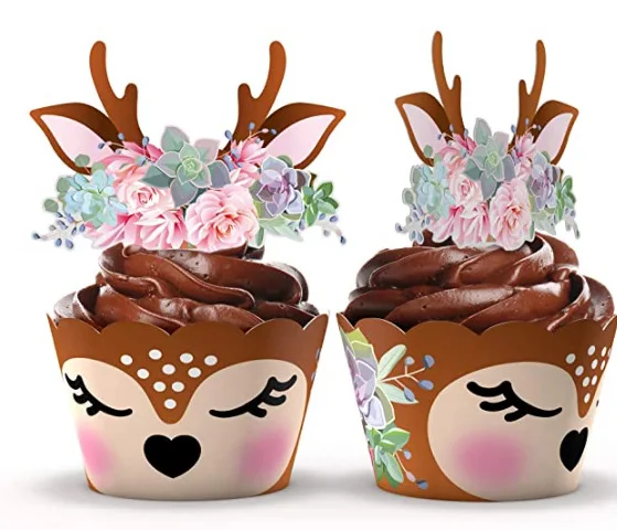 

Cartoon Sika Deer Cupcake Wrapper, Antlers Paper Cake Toppers Merry Christmas Xmas New Year, Birthday Party Decoration, 120 Sets