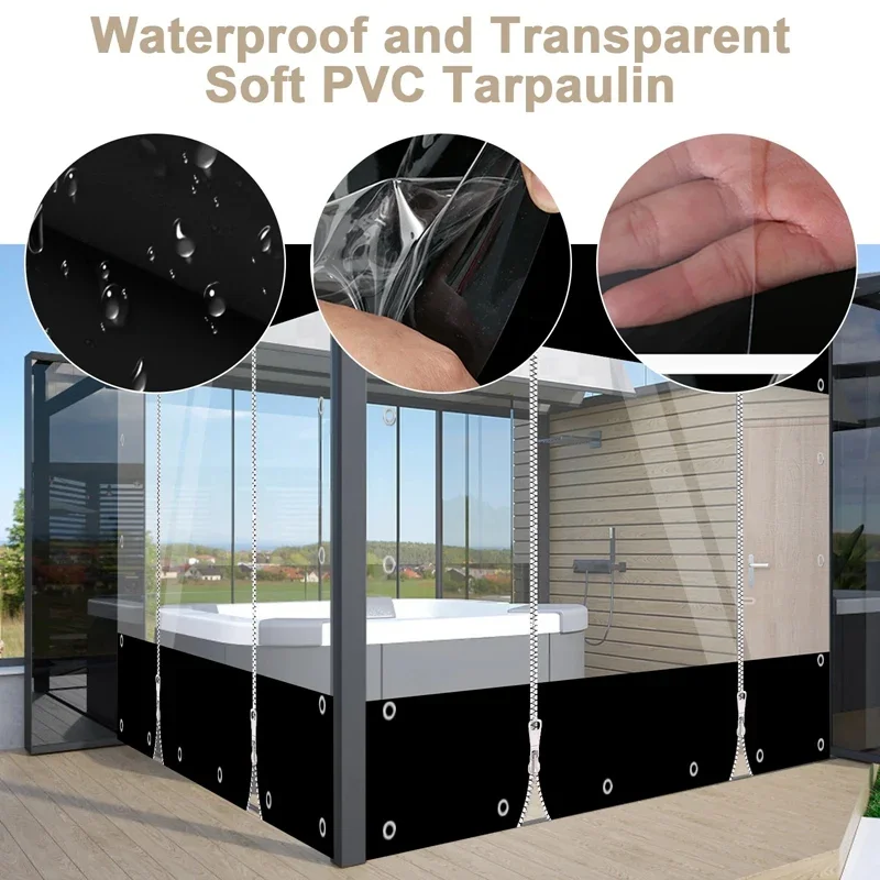 Customize Heavy Duty Tarp Curtain with Door Outdoor Pergola See Though Zipper Tarpaulin with Twist Locks Gazebo Windproof Screen