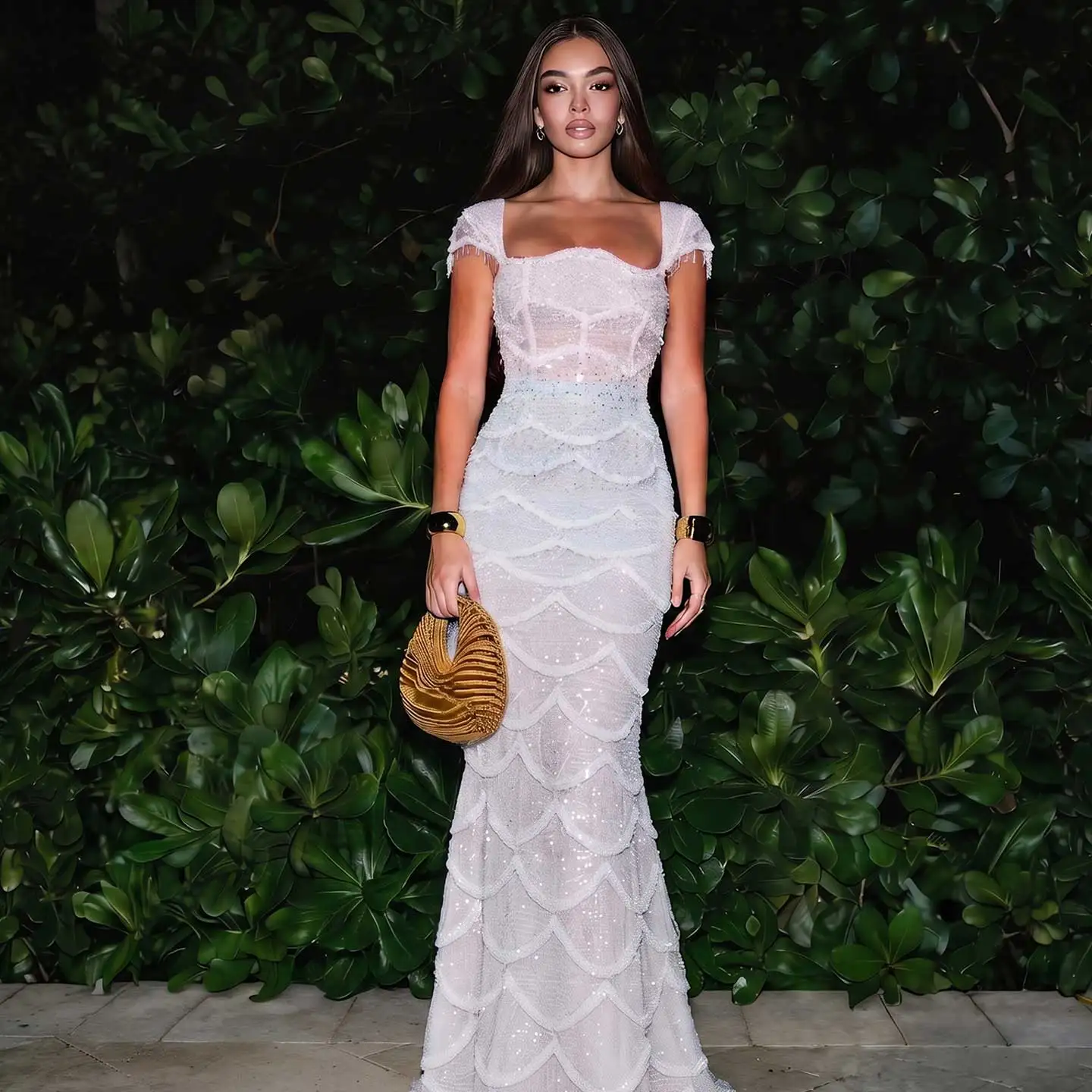 Sharon Said Luxury Gradient White Scalloped Evening Dress High Beaded Tassel Cap Sleeves Formal Occasion Party Gown SS523 Custom