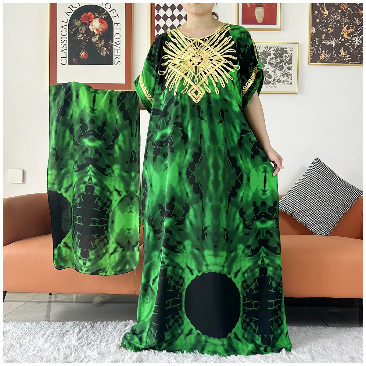 2 Pieces African Dashiki Floral Printing Loose Cotton Caftan Lady Summer Maxi Casual Dresses With Scarf  Vestidos Short Sleeve